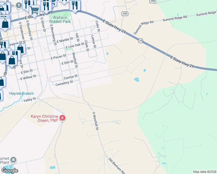 map of restaurants, bars, coffee shops, grocery stores, and more near in Burnet