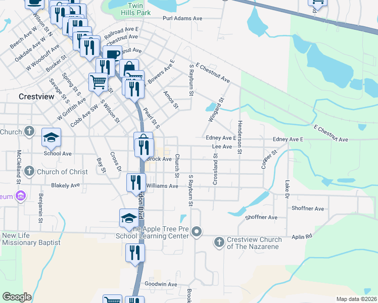 map of restaurants, bars, coffee shops, grocery stores, and more near 215 Church Street in Crestview