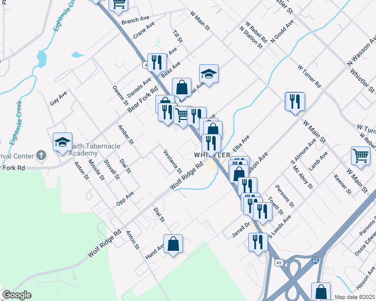 map of restaurants, bars, coffee shops, grocery stores, and more near 1644 Wolf Ridge Road in Mobile