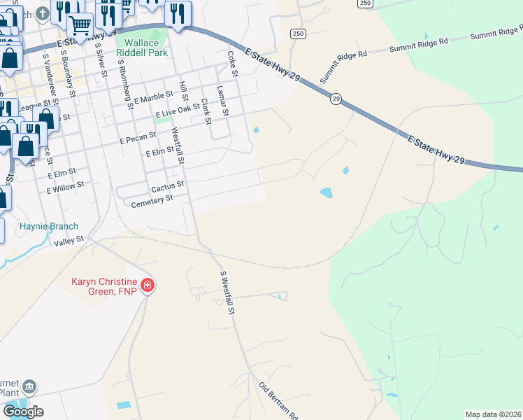 map of restaurants, bars, coffee shops, grocery stores, and more near in Burnet