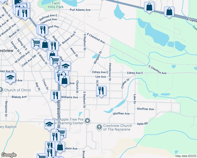 map of restaurants, bars, coffee shops, grocery stores, and more near 601 Lee Avenue in Crestview