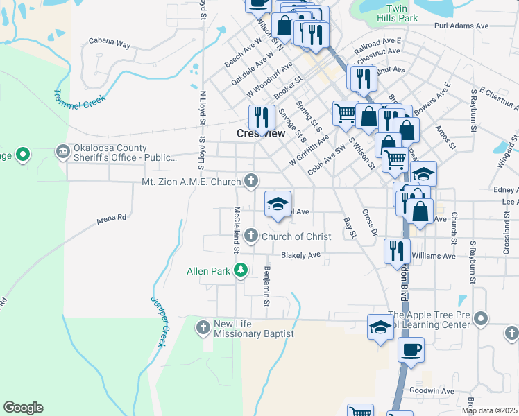 map of restaurants, bars, coffee shops, grocery stores, and more near 557 McDonald Street in Crestview