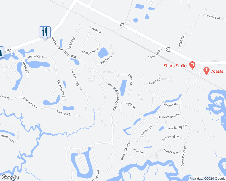 map of restaurants, bars, coffee shops, grocery stores, and more near 1210 Isles of Saint Marys Way in Saint Marys