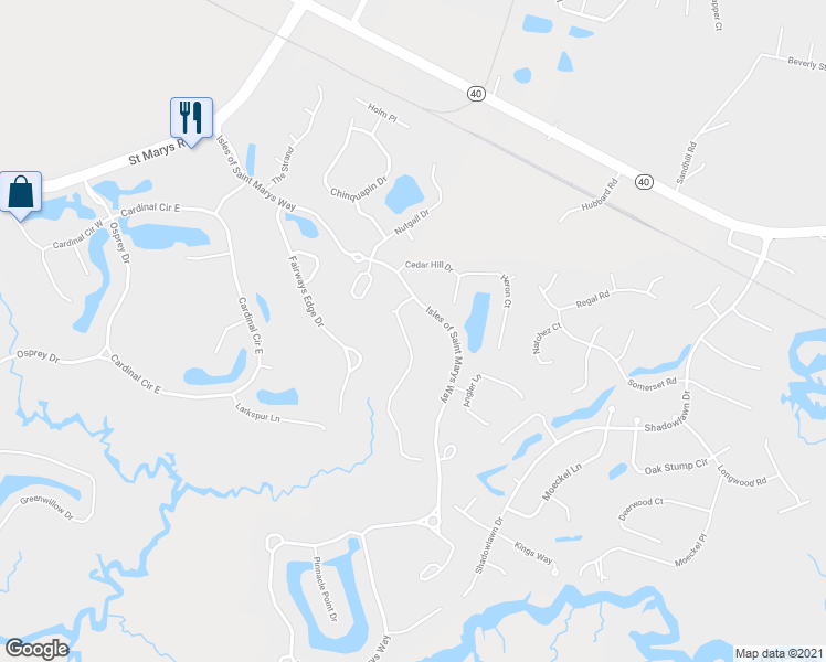 map of restaurants, bars, coffee shops, grocery stores, and more near 105 Millers Branch Drive in St. Marys
