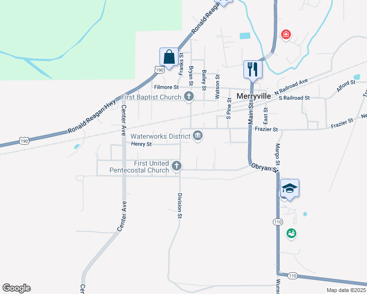 map of restaurants, bars, coffee shops, grocery stores, and more near Division Street in Merryville