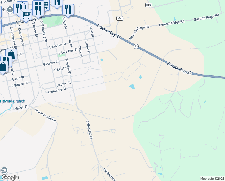 map of restaurants, bars, coffee shops, grocery stores, and more near 120 Hayburner Road in Burnet
