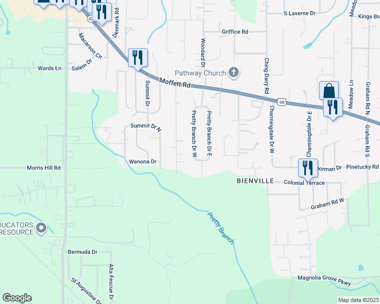 map of restaurants, bars, coffee shops, grocery stores, and more near 2828-2850 Pretty Branch Dr E in Mobile