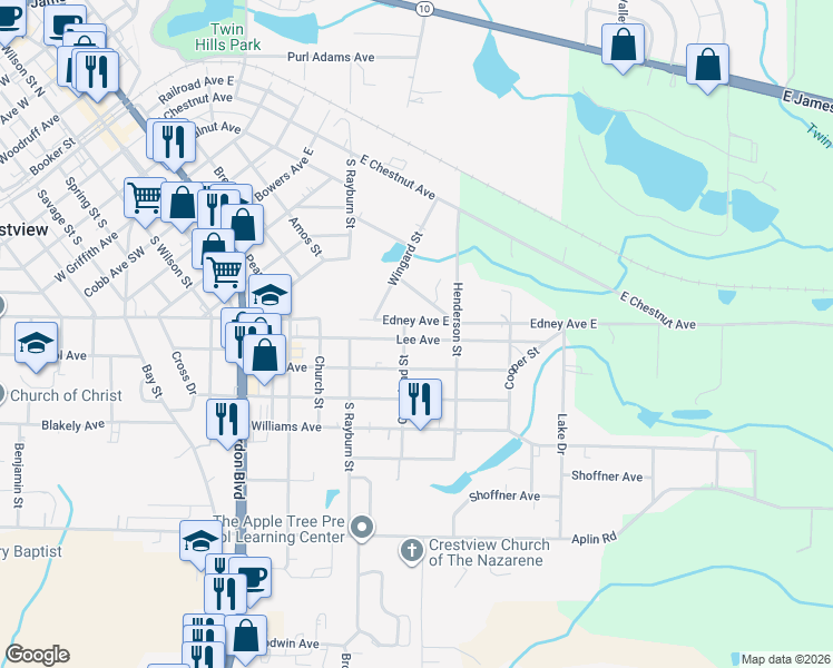 map of restaurants, bars, coffee shops, grocery stores, and more near 393 Crossland Street in Crestview
