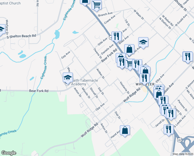 map of restaurants, bars, coffee shops, grocery stores, and more near 1926 Oates Street in Mobile