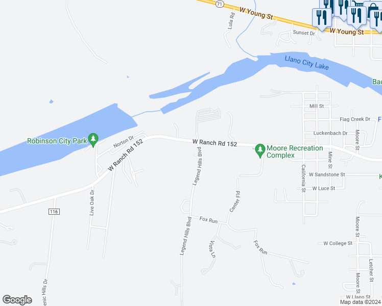 map of restaurants, bars, coffee shops, grocery stores, and more near 2426-2634 W Ranch Road 152 in Llano