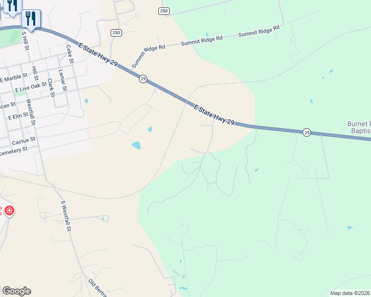 map of restaurants, bars, coffee shops, grocery stores, and more near 2015 Texas 29 in Burnet