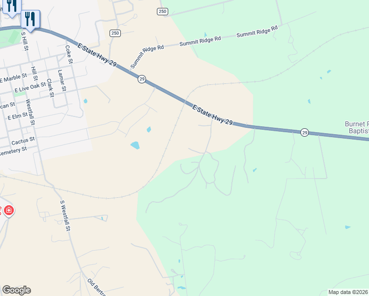 map of restaurants, bars, coffee shops, grocery stores, and more near 2015 Texas 29 in Burnet