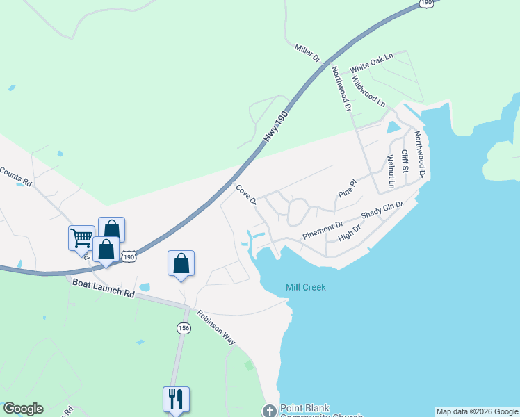 map of restaurants, bars, coffee shops, grocery stores, and more near 29 Hickory Trail in Point Blank