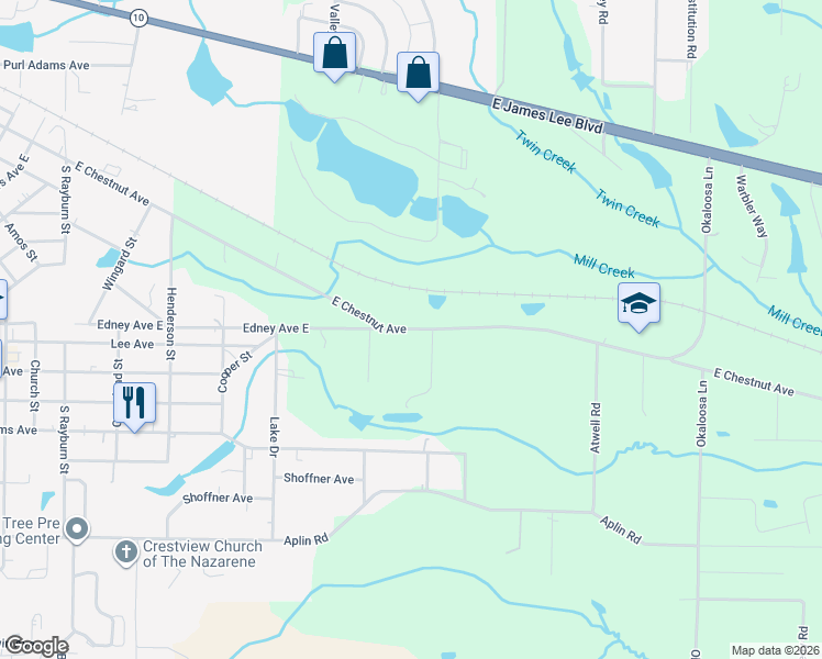 map of restaurants, bars, coffee shops, grocery stores, and more near 1259 East Chestnut Avenue in Crestview