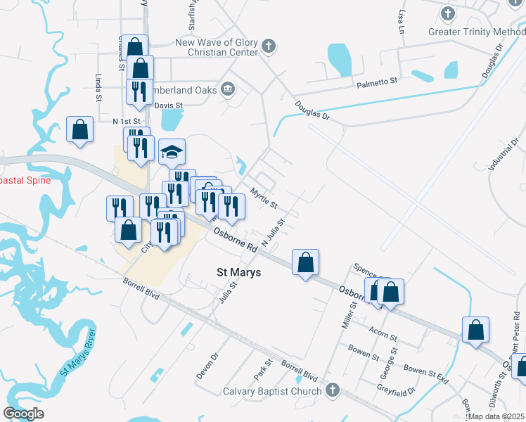 map of restaurants, bars, coffee shops, grocery stores, and more near 115 Pelican Point Drive in Saint Marys
