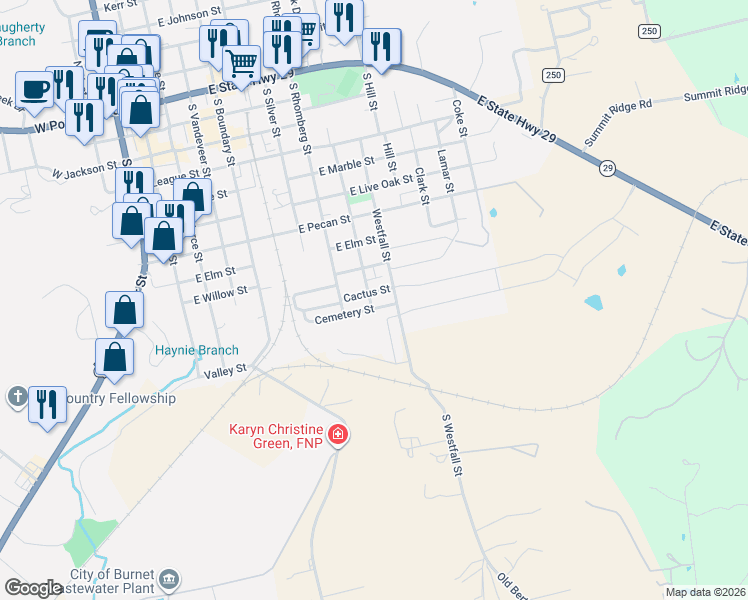 map of restaurants, bars, coffee shops, grocery stores, and more near 809 Westfall Street in Burnet