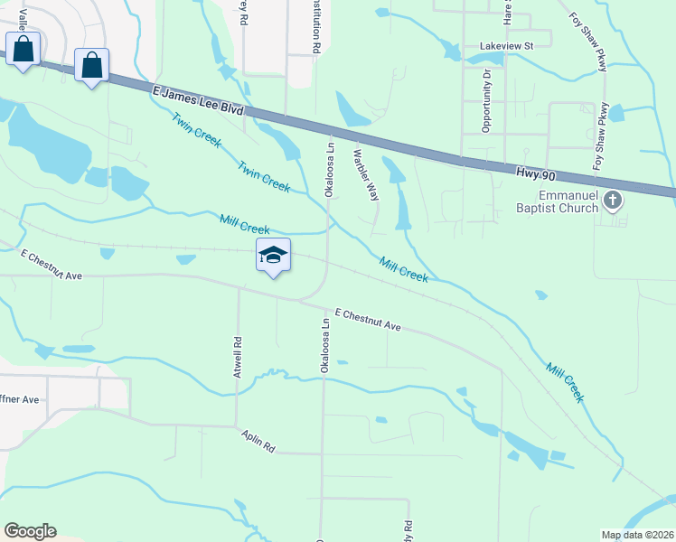 map of restaurants, bars, coffee shops, grocery stores, and more near 4715 Okaloosa Lane in Crestview