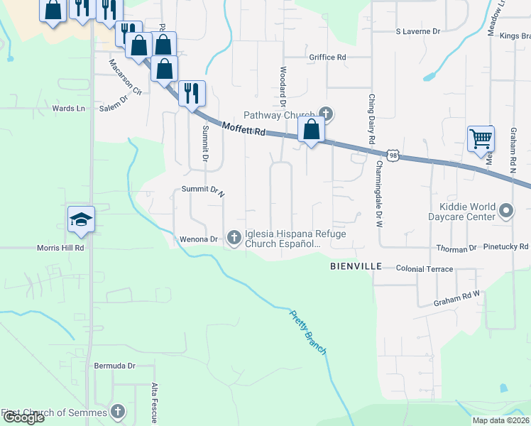 map of restaurants, bars, coffee shops, grocery stores, and more near 2921 Pretty Branch Drive West in Mobile