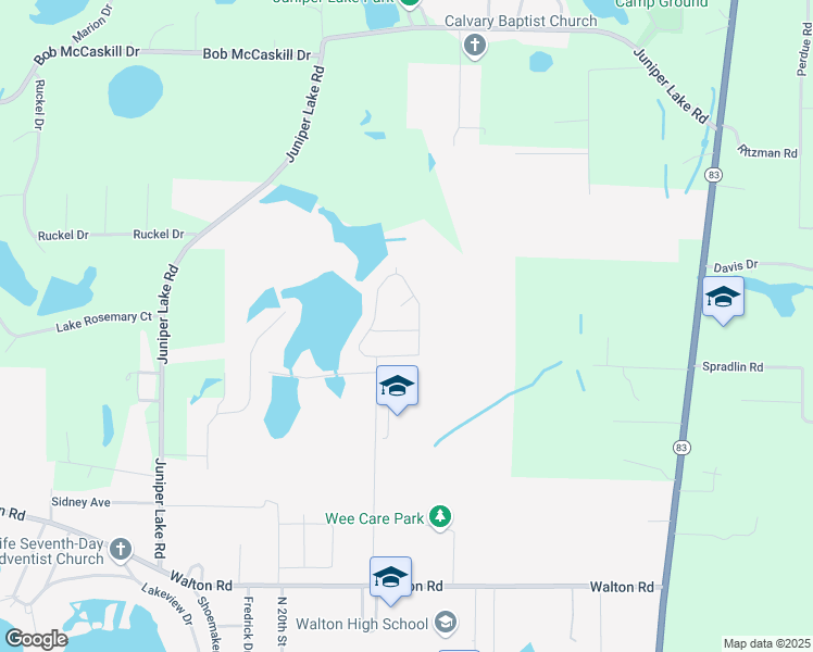 map of restaurants, bars, coffee shops, grocery stores, and more near 89 Windy Hill Drive in DeFuniak Springs