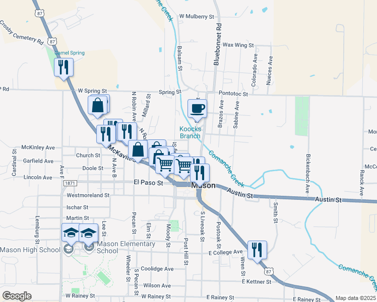 map of restaurants, bars, coffee shops, grocery stores, and more near 400 Broad Street in Mason