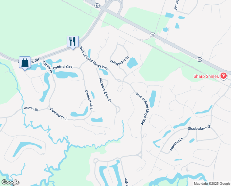 map of restaurants, bars, coffee shops, grocery stores, and more near 102 Providence Park Circle in Saint Marys
