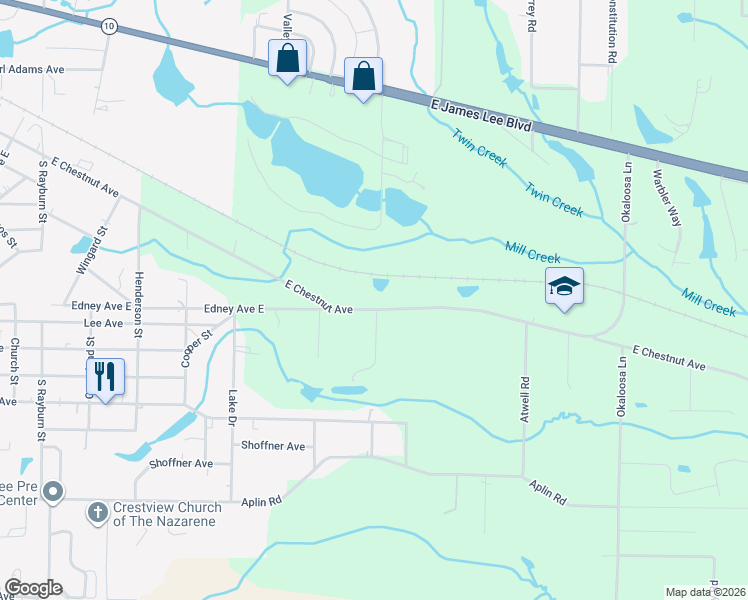 map of restaurants, bars, coffee shops, grocery stores, and more near 1258 East Chestnut Avenue in Crestview