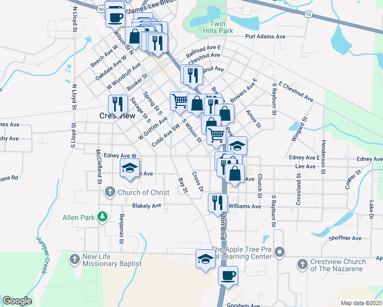 map of restaurants, bars, coffee shops, grocery stores, and more near 298 W Edney Ave in Crestview