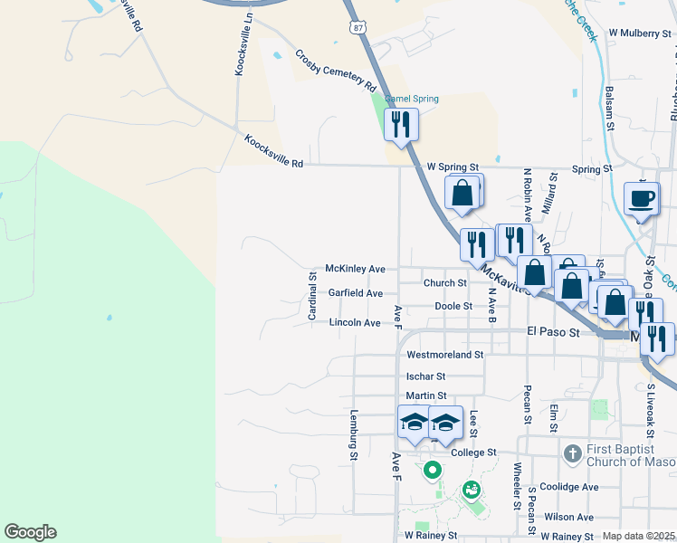 map of restaurants, bars, coffee shops, grocery stores, and more near 1705 McKinley Avenue in Mason