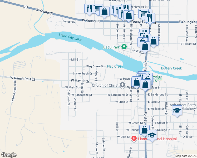 map of restaurants, bars, coffee shops, grocery stores, and more near 509 Flag Creek Drive in Llano