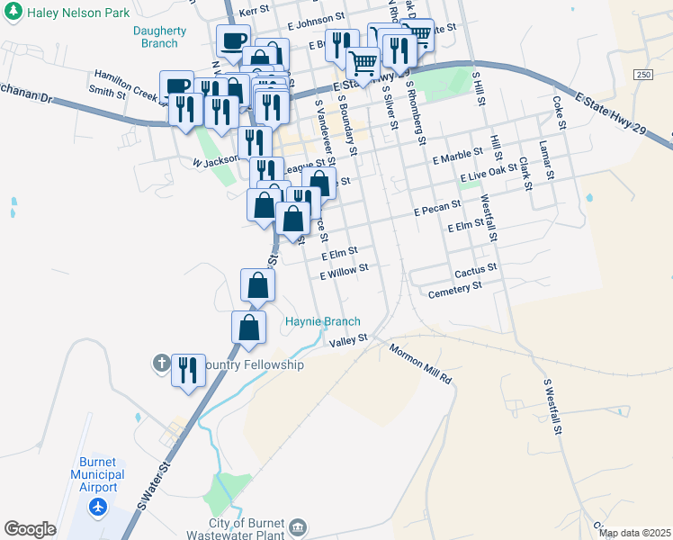 map of restaurants, bars, coffee shops, grocery stores, and more near 204 East Willow Street in Burnet