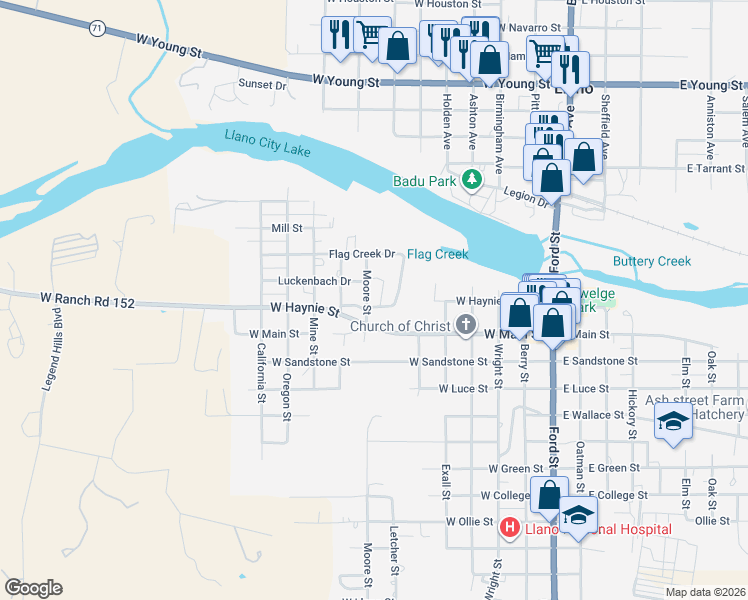 map of restaurants, bars, coffee shops, grocery stores, and more near 509 Flag Creek Dr in Llano