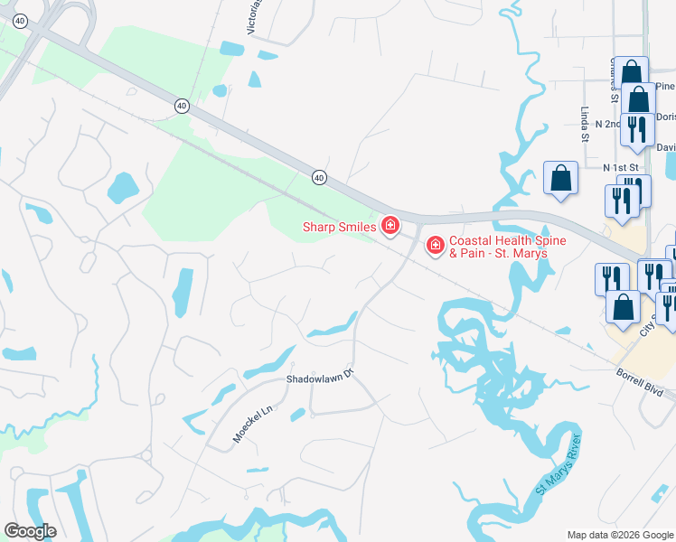 map of restaurants, bars, coffee shops, grocery stores, and more near 1003 Regal Road in St. Marys