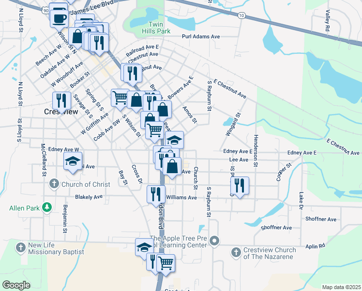 map of restaurants, bars, coffee shops, grocery stores, and more near 937 Pearl Street South in Crestview