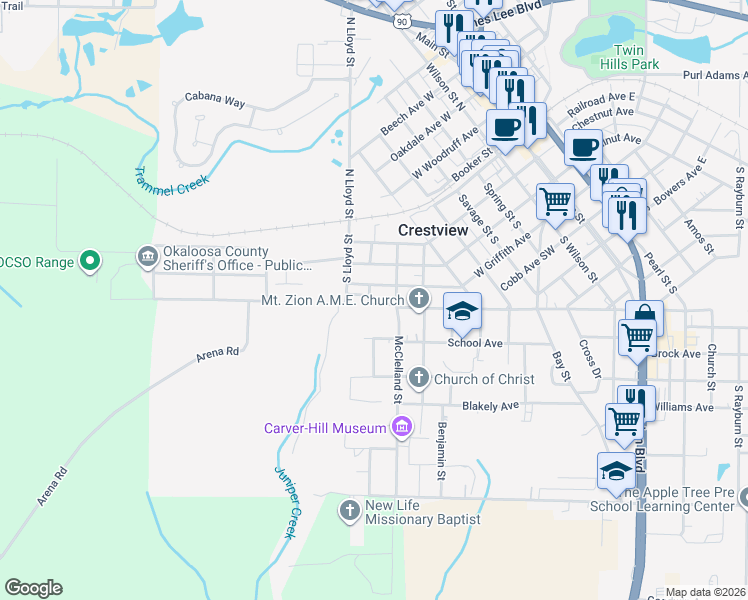 map of restaurants, bars, coffee shops, grocery stores, and more near 870 West Edney Avenue in Crestview