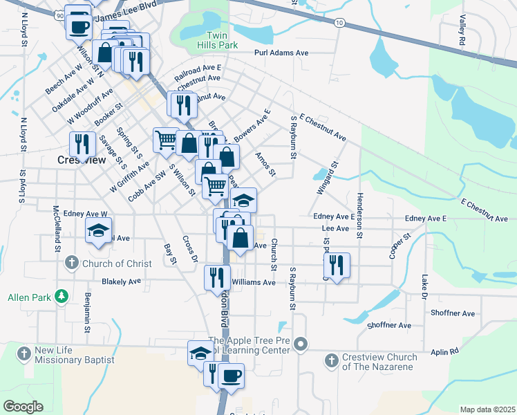 map of restaurants, bars, coffee shops, grocery stores, and more near 937 Pearl Street South in Crestview