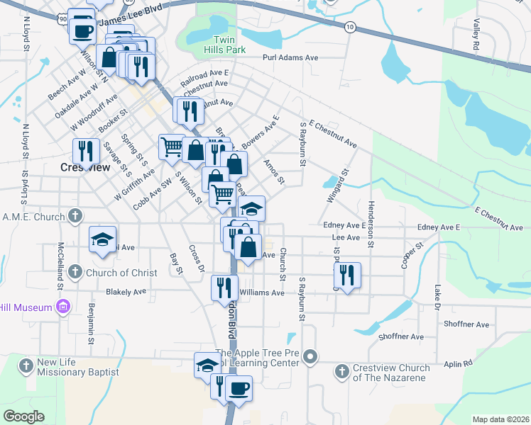map of restaurants, bars, coffee shops, grocery stores, and more near 935 Pearl Street South in Crestview