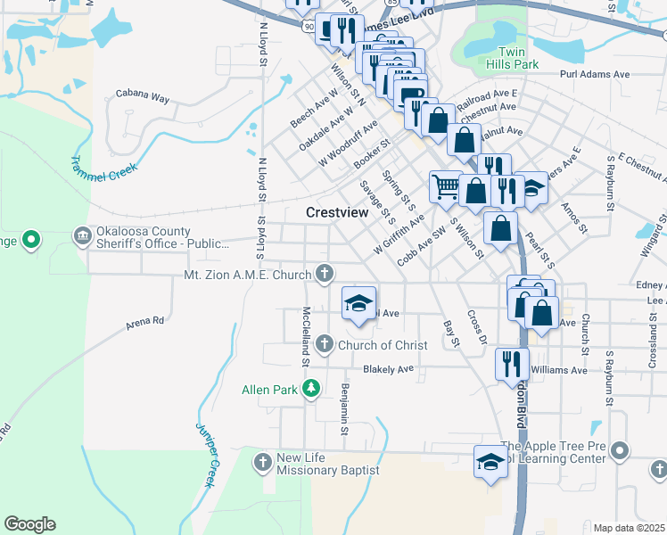 map of restaurants, bars, coffee shops, grocery stores, and more near 672 West Edney Avenue in Crestview