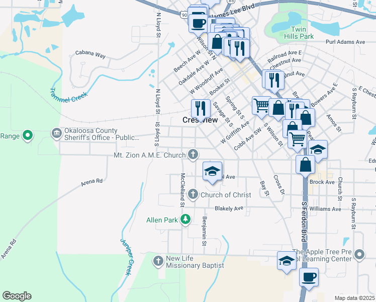 map of restaurants, bars, coffee shops, grocery stores, and more near 751 West Griffith Avenue in Crestview