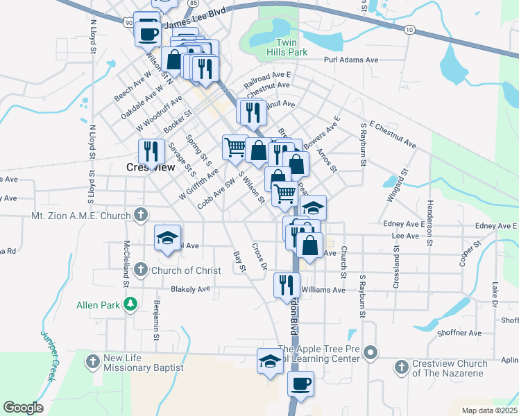 map of restaurants, bars, coffee shops, grocery stores, and more near 298 West Edney Avenue in Crestview