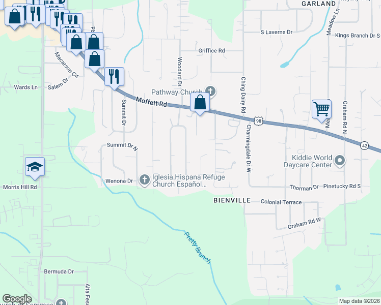 map of restaurants, bars, coffee shops, grocery stores, and more near 2921 Pretty Branch Drive West in Mobile