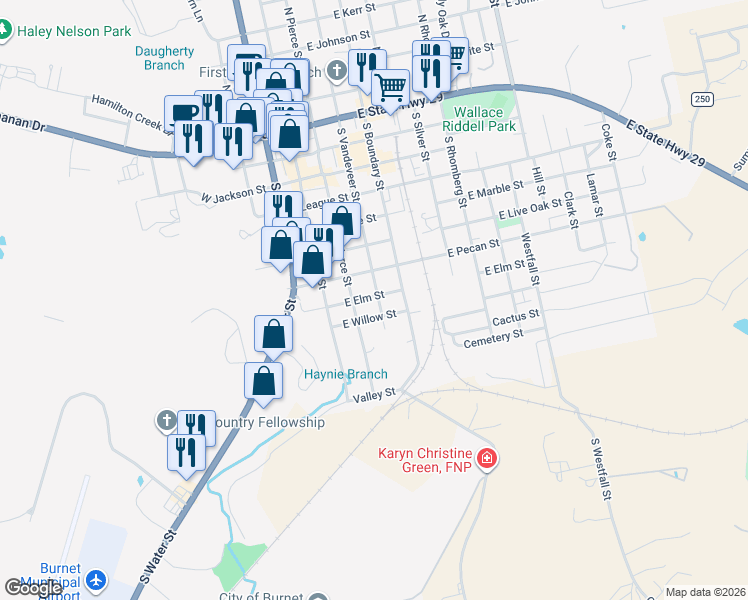 map of restaurants, bars, coffee shops, grocery stores, and more near 204 East Willow Street in Burnet
