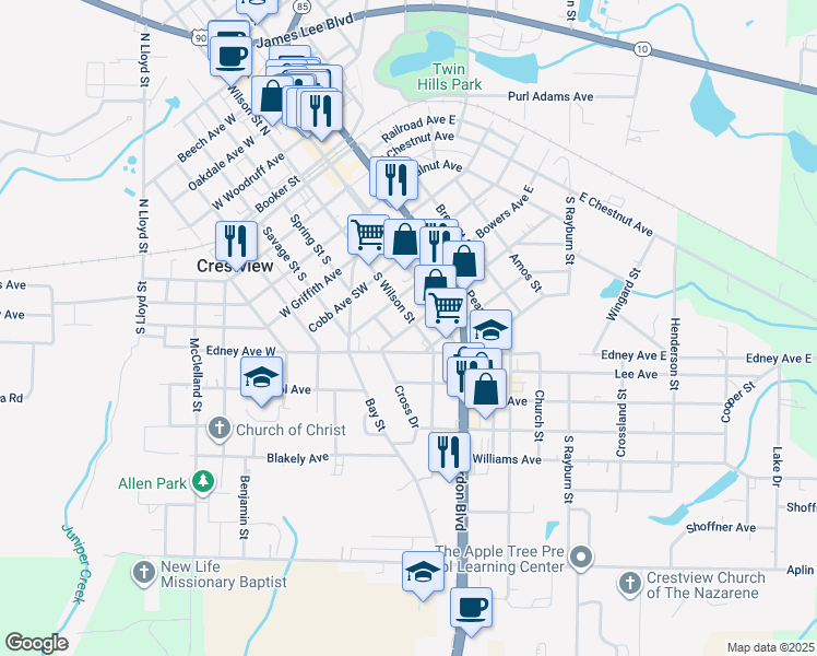 map of restaurants, bars, coffee shops, grocery stores, and more near 298 West Edney Avenue in Crestview
