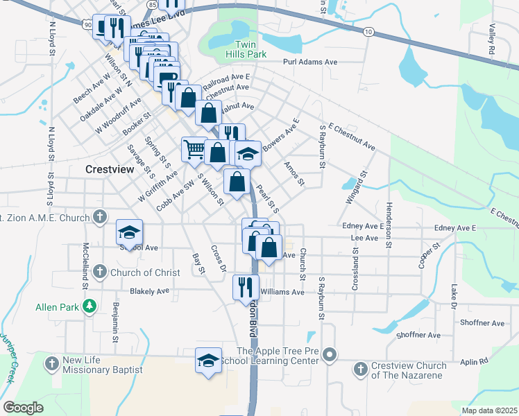 map of restaurants, bars, coffee shops, grocery stores, and more near 745 South Ferdon Boulevard in Crestview