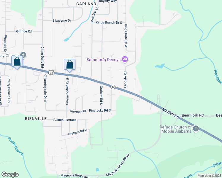 map of restaurants, bars, coffee shops, grocery stores, and more near 2963 Pinetucky Road in Mobile