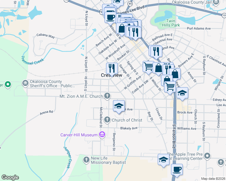 map of restaurants, bars, coffee shops, grocery stores, and more near 654 West Walnut Avenue in Crestview