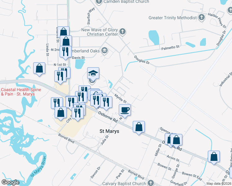 map of restaurants, bars, coffee shops, grocery stores, and more near 500 Chateau Circle in St. Marys