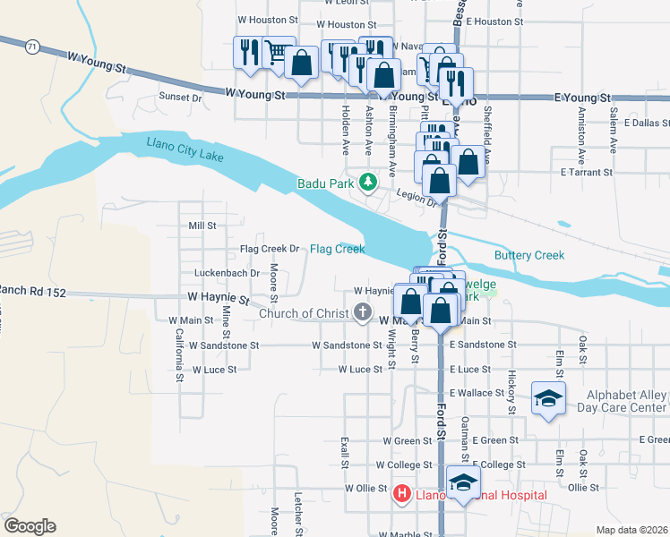 map of restaurants, bars, coffee shops, grocery stores, and more near 11410 Moore Street in Llano