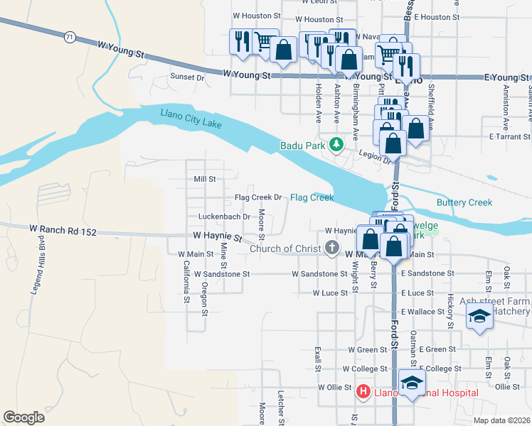 map of restaurants, bars, coffee shops, grocery stores, and more near 714 Flag Creek Drive in Llano