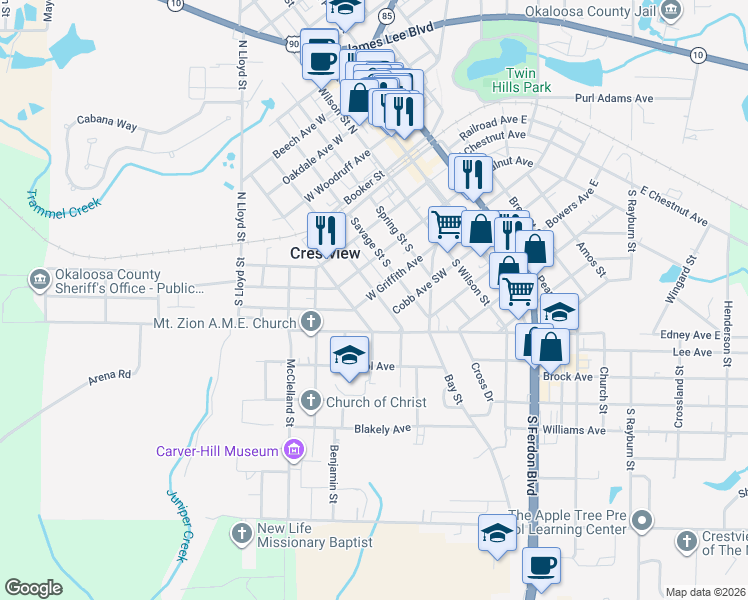 map of restaurants, bars, coffee shops, grocery stores, and more near 342 South Booker Street in Crestview