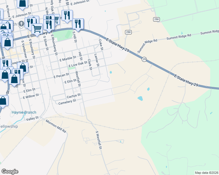 map of restaurants, bars, coffee shops, grocery stores, and more near 1106 East Elm Street in Burnet